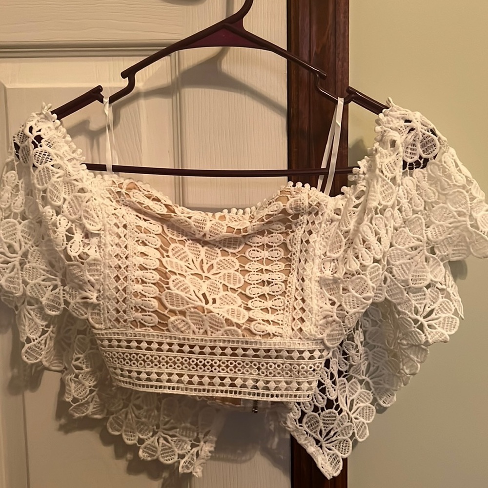 Shein off shoulder exposed zipper back lace top